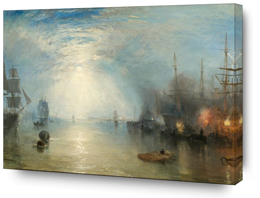 Keelmen Heaving in Coals by Moonlight - WILLIAM TURNER 1835 from AUX BEAUX-ARTS, Prodi Art, warship, sailing ship, port of boats, WILLIAM TURNER, Sun, sky, ocean, sea, fire, boats, port, painting