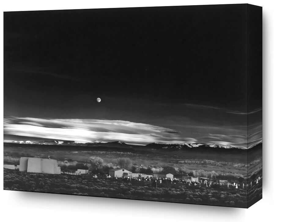 Moonrise over Hernandez New Mexico - Ansel Adams 1941 from Fine Art, Prodi Art, New Mexico, ANSEL ADAMS, countryside, farm, star, stars, House, USA, Moon, black White, black-and-white, sky