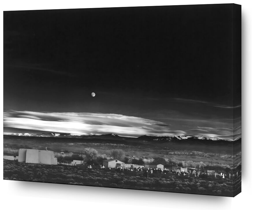 Moonrise over Hernandez New Mexico - Ansel Adams 1941 from AUX BEAUX-ARTS, Prodi Art, sky, black-and-white, black White, Moon, USA, House, stars, star, farm, countryside, ANSEL ADAMS, New Mexico