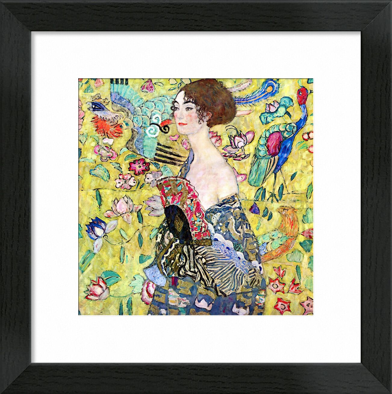 Lady with a Fan - Gustav Klimt desde Bellas artes, Prodi Art, KLIMT, dama, mujer, alcance, pintura, pájaros, amarillo