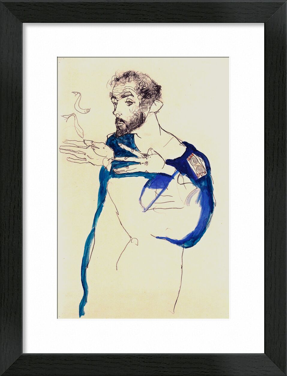 Le peintre Gustav Klimt dans Sa Blouse de Peintre Bleue, 1913 - Gustav Klimt de Beaux-arts, Prodi Art, cigarette, fumée, dessin, autoportrait, peinture, peintre, KLIMT