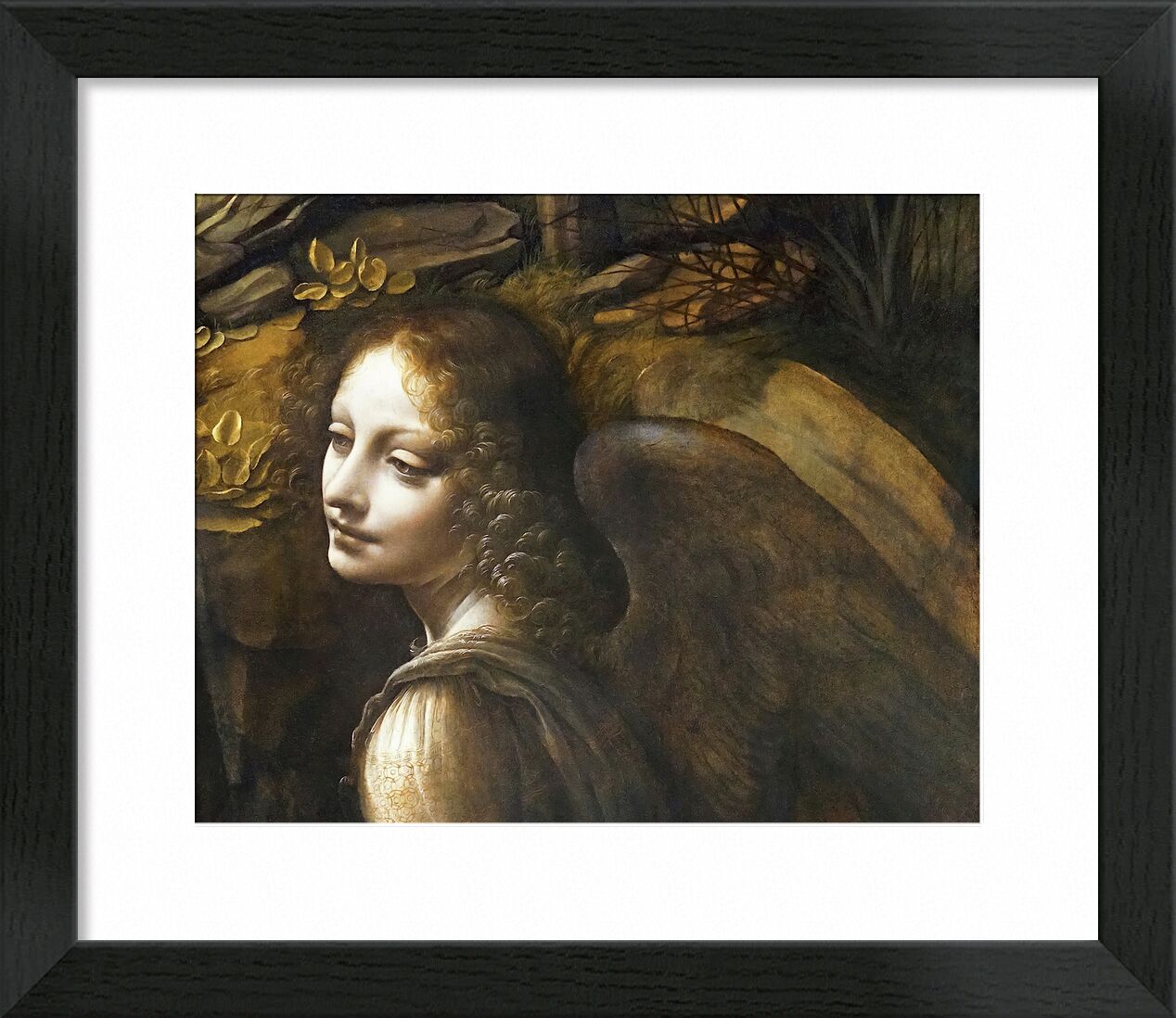 Details of The Angel, The Virgin of the Rocks - Leonardo da Vinci von Bildende Kunst, Prodi Art, Leonard de Vinci, ange, Malerei, Porträt, flügel, Frau, lockig