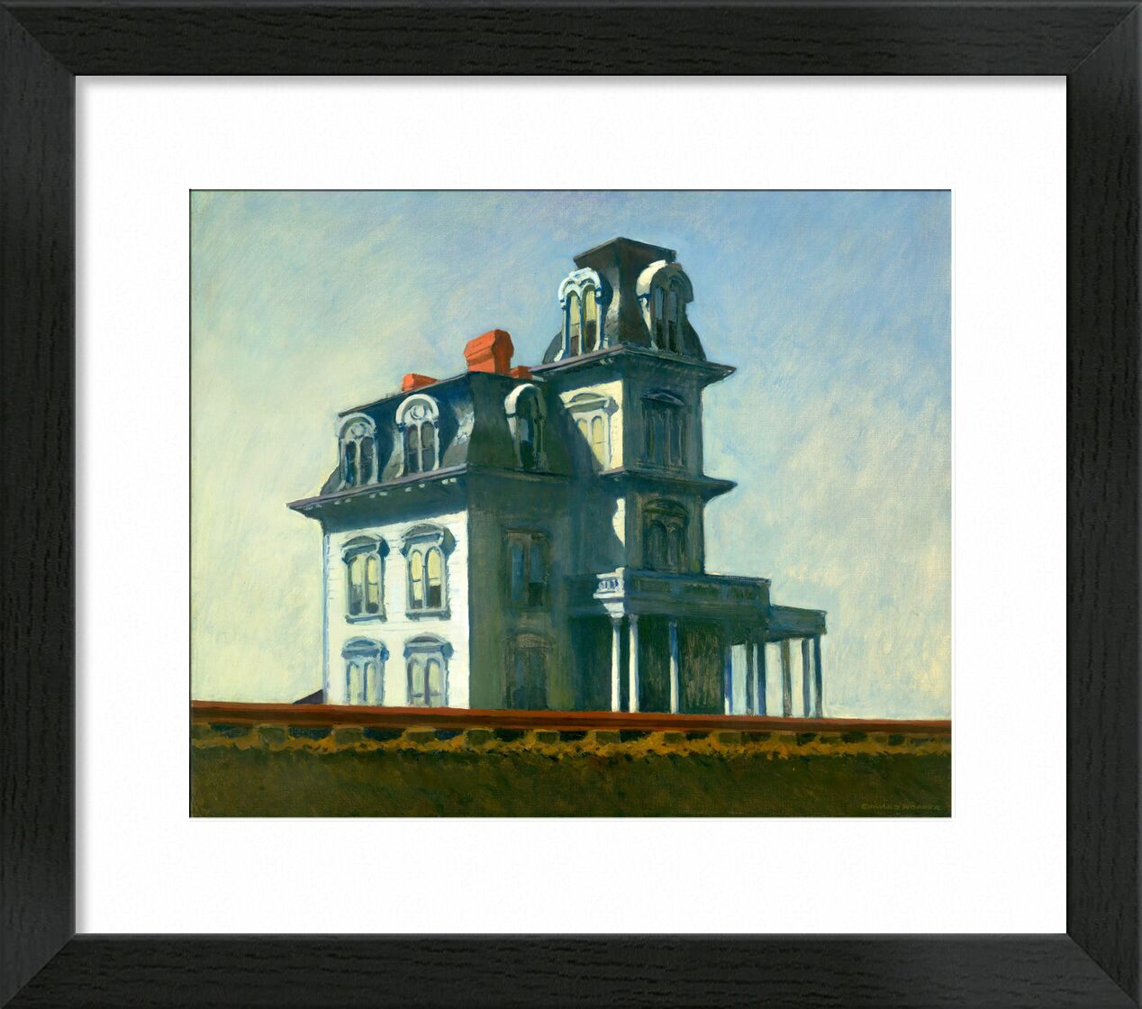 Haus an der Bahnlinie - Edward Hopper von Bildende Kunst, Prodi Art, Haus, Malerei, Himmel, blau, Eisenbahn, Edward Hopper