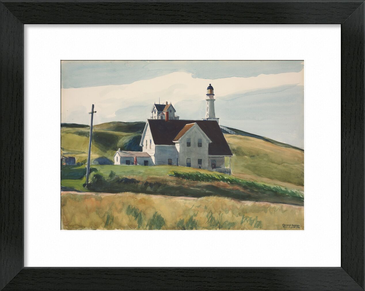 Hügel und Häuser, Cape Elizabeth, Maine - Edward Hopper von Bildende Kunst, Prodi Art, Edward Hopper, Häuser, Landschaft, hügel, Wiesen, Leuchtturm, Landschaft