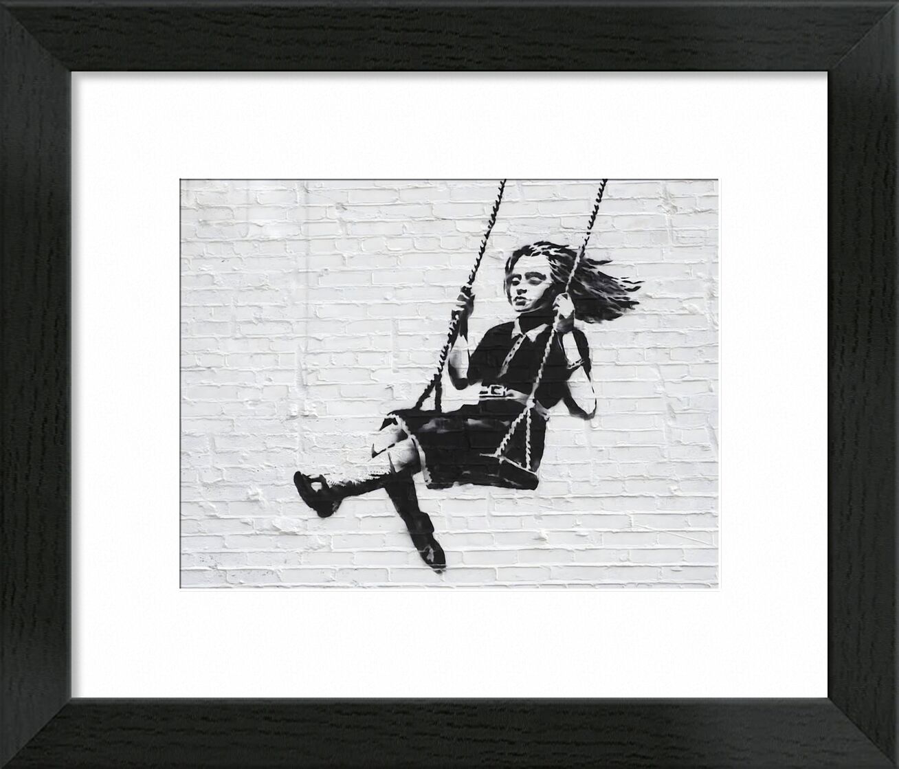 Girl on a Swing von Bildende Kunst, Prodi Art, banksy, Straßenkunst, Graffiti, balancoire, Mädchen