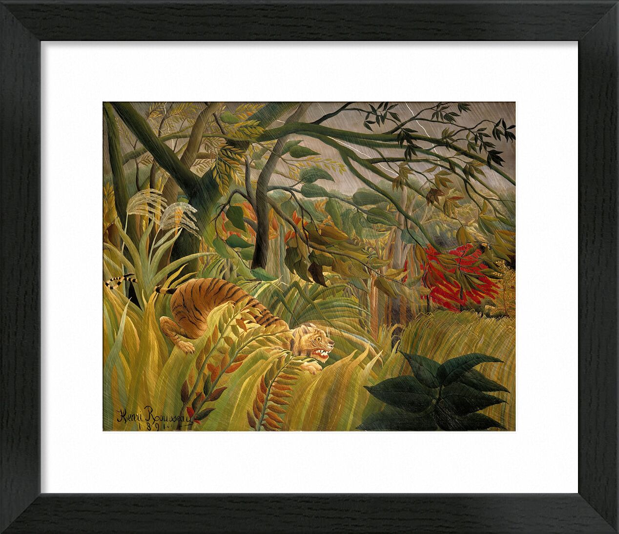 Tiger in einem tropischen Sturm von Bildende Kunst, Prodi Art, Rousseau, Wendekreis, Dschungel, Bäume, Tiger, Blumen, Henri