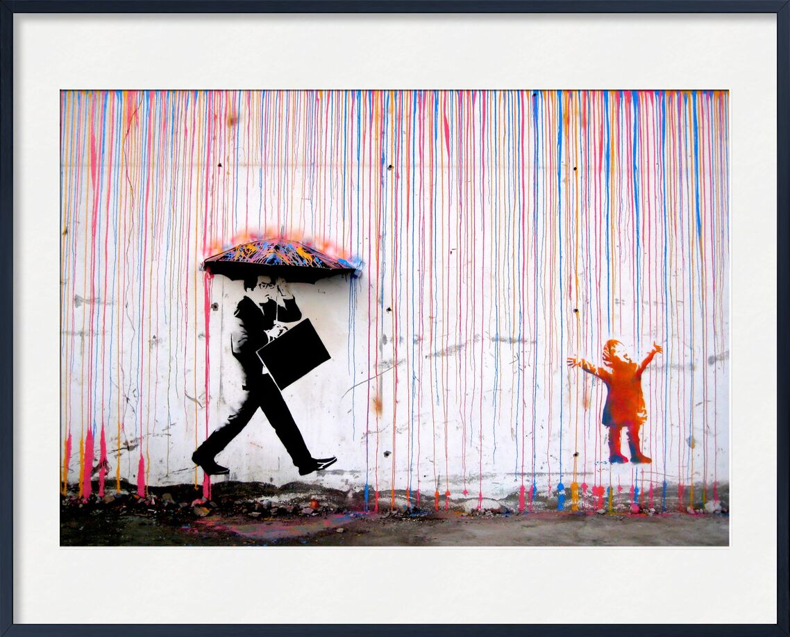 Pluie colorée - Banksy de AUX BEAUX-ARTS, Prodi Art, homme d'affaires, joie, graffiti, dessin, rue, enfant, pluie, Banksy