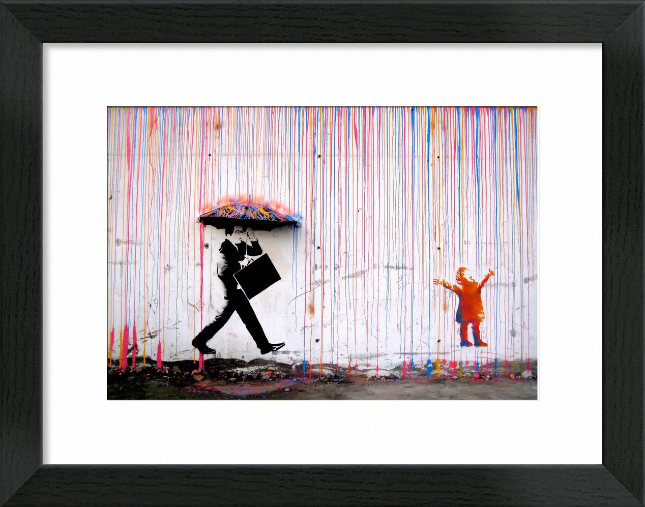 Farbiger Regen - Banksy von Bildende Kunst, Prodi Art, banksy, Regen, Kind, Straße, Zeichnung, Graffiti, Freude, Geschäftsmann