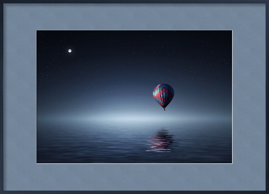 Beyond the adventure from Pierre Gaultier, Prodi Art, adventure, dark, fantasy, flight, float, fly, flying, freedom, illustration, light, lonely, Moon, moonlight, night, ocean, reflection, scenic, sea, sky, stars, travel, water, air, aircraft, airship, balloon, ballooning, harmony, hot-air, hot-air balloon, hotair, loneliness, moving, poetic, seascape water, silence, solitude, starry, transport, transportation, travelling