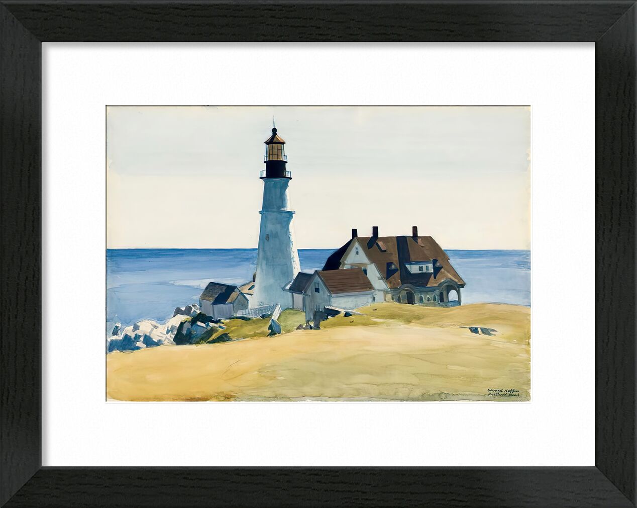 Lighthouse and Buildings - Edward Hopper von Bildende Kunst, Prodi Art, Trichter, Edward Hopper, Leuchtturm, Strand, Meer, Ozean, blau, Malerei