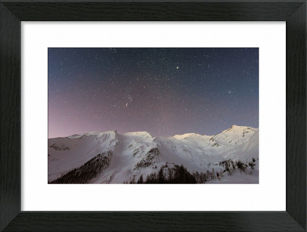 The stars under the mountain from Pierre Gaultier, Prodi Art, adventure, cold, evening, frosty, frozen, high, icy, idyllic, landscape, nature, night, outdoors, peaceful, scenery, scenic, sky, snow, space, stars, tranquil, travel, trees, winter, conifers, exploration, fir trees, mountain, nightscape, nightsky, pine trees, snowy, universe, weather