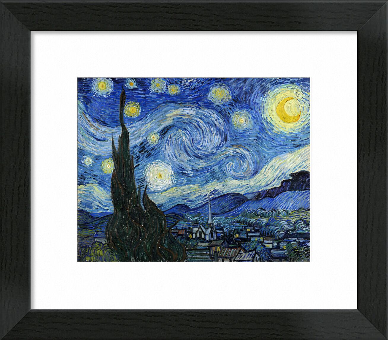 The Starry Night - 1889 von Bildende Kunst, Prodi Art, VINCENT VAN GOGH, Astra, Malerei, Dorf, Baum, Sterne, Nacht, Berge, Tal