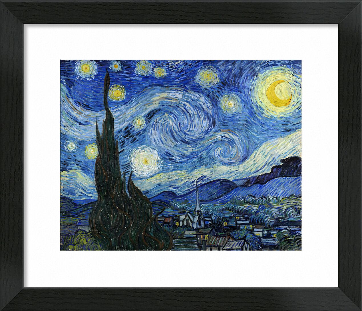 The Starry Night - VINCENT VAN GOGH 1889 von Bildende Kunst, Prodi Art, VINCENT VAN GOGH, Astra, Malerei, Dorf, Baum, Sterne, Nacht, Berge, Tal