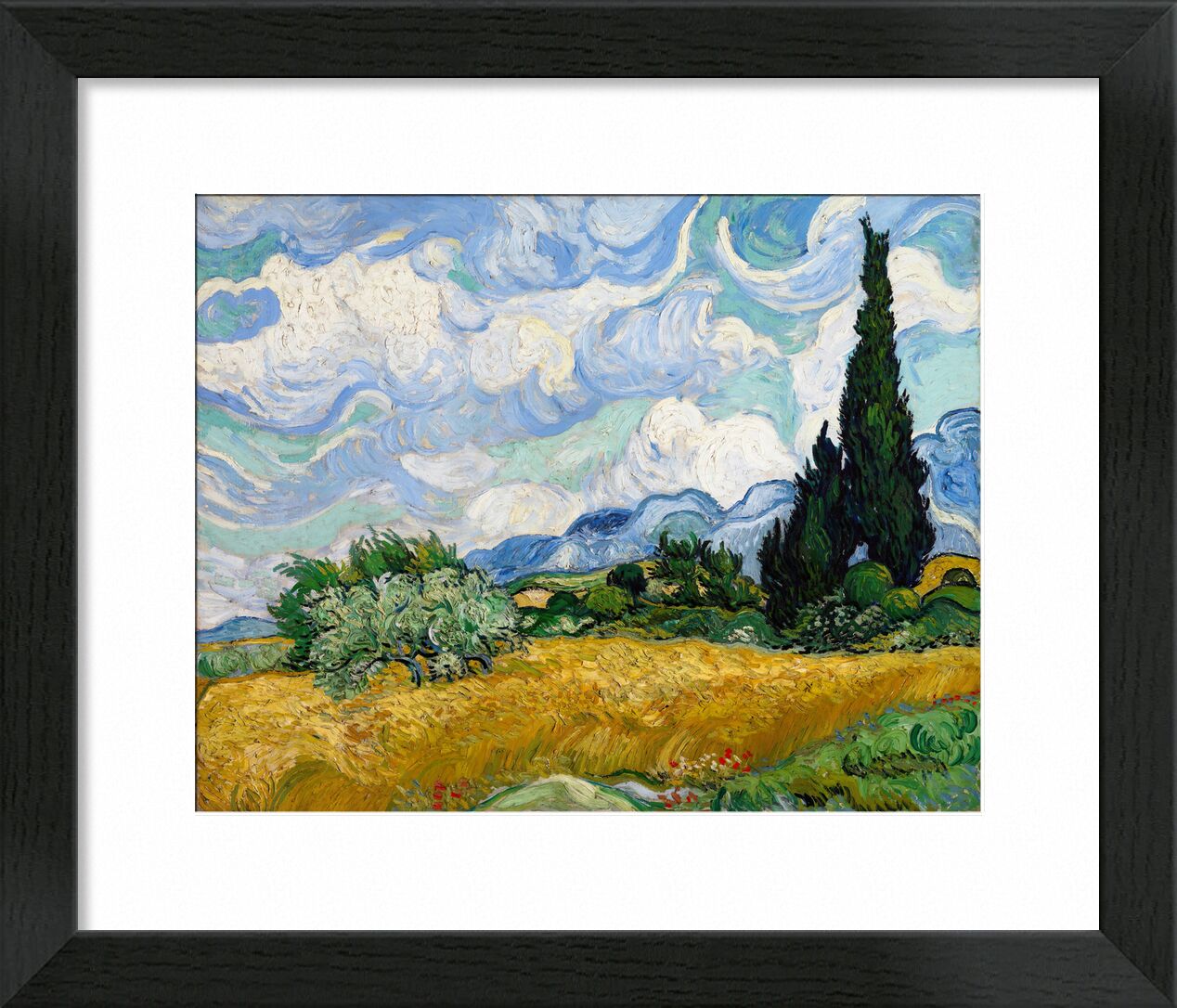 Wheat Field with Cypresses - VINCENT VAN GOGH 1889 von Bildende Kunst, Prodi Art, Malerei, Wolken, Baum, Wiese, grün, Natur, Weizenfelder, Zypresse, Felder, Busch