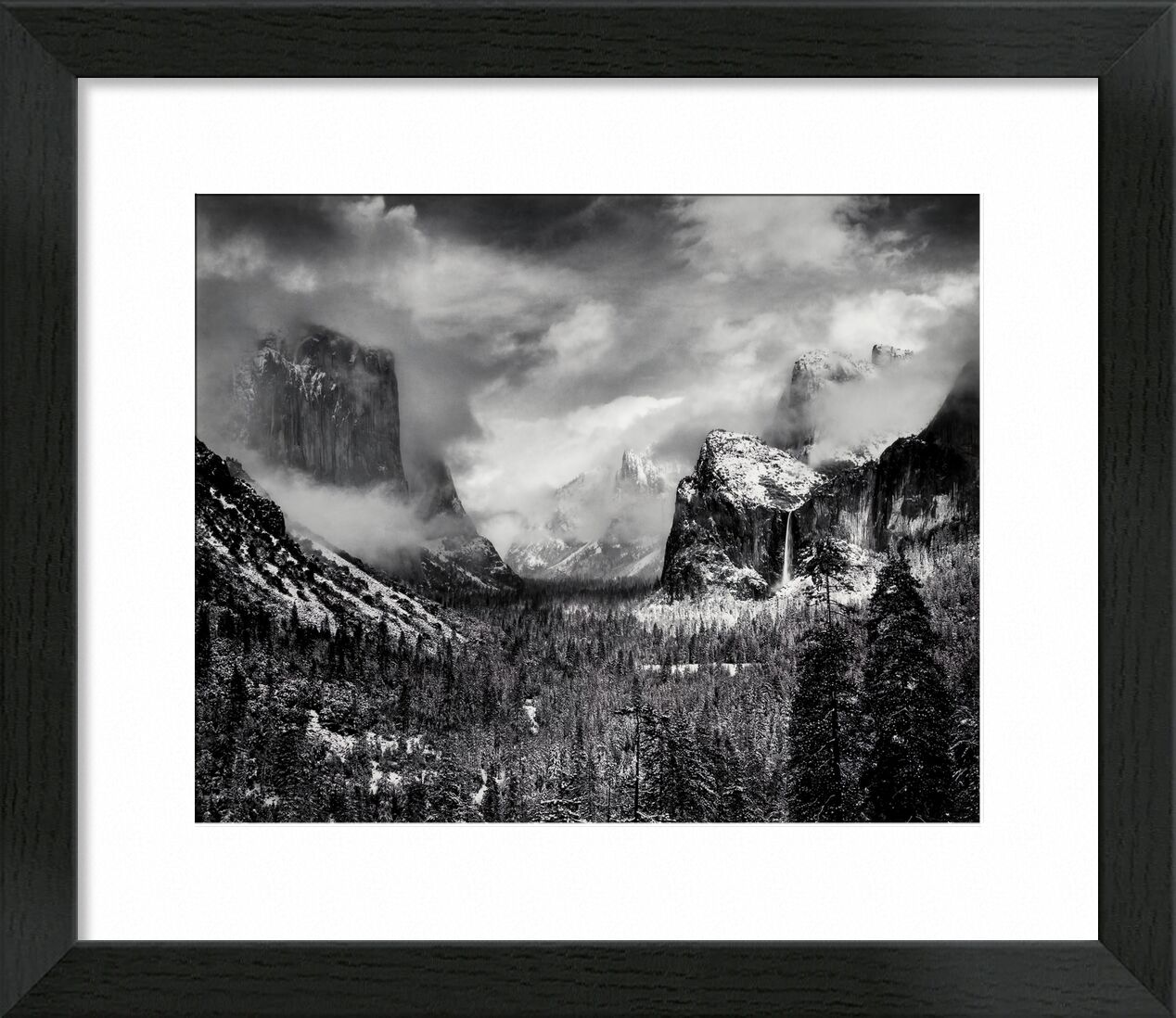 Yosemite, United States - ANSEL ADAMS 1952 von Bildende Kunst, Prodi Art, ANSEL ADAMS, Wald, Kiefern, Baum, Schnee, Winter, Wolken, Berge, Schwarz und weiß