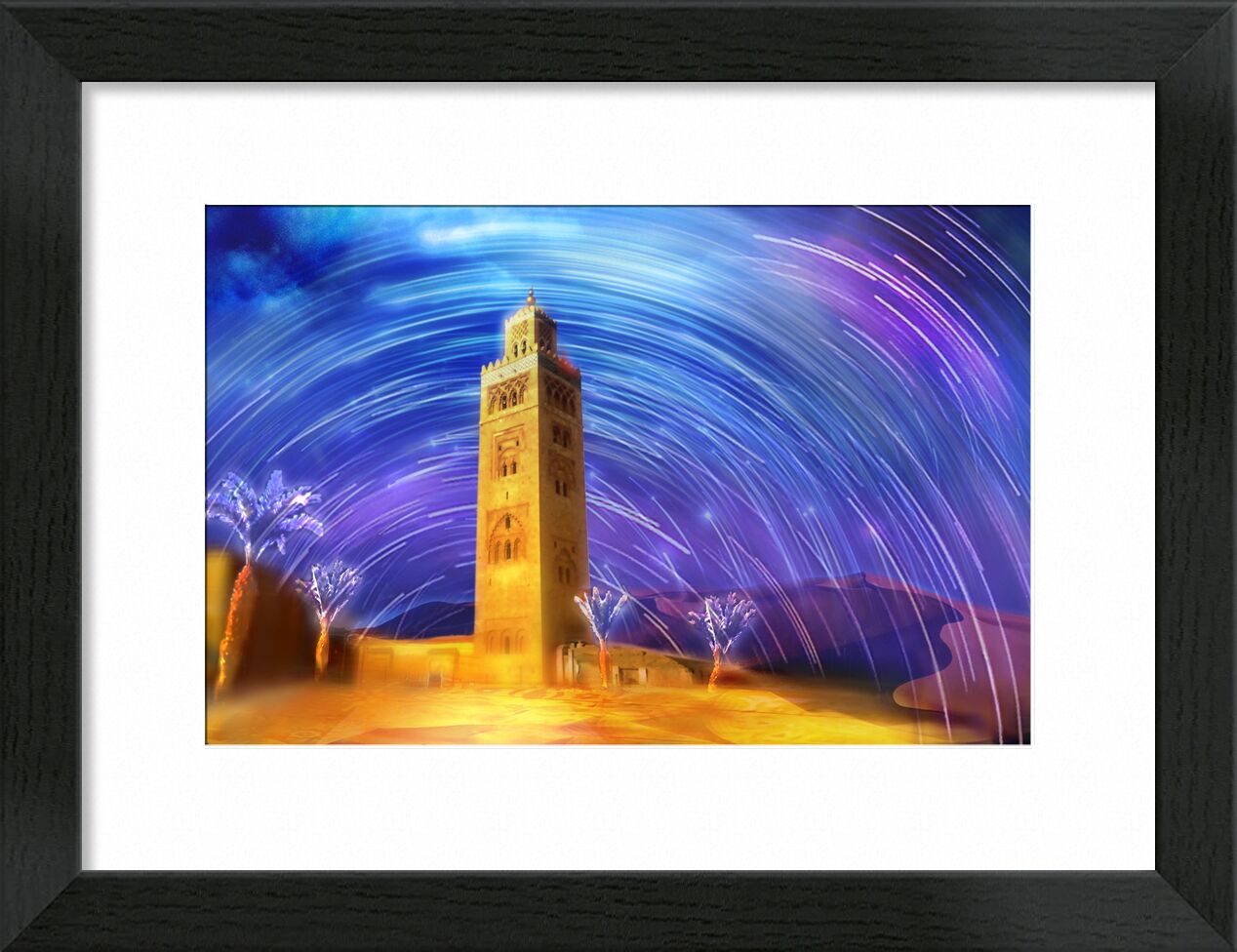 Marrakech de Adam da Silva, Prodi Art, couleurs, maroc, désert, étoiles, ciel, dune, sable, étoiles filantes, mosquée, palmier, magique