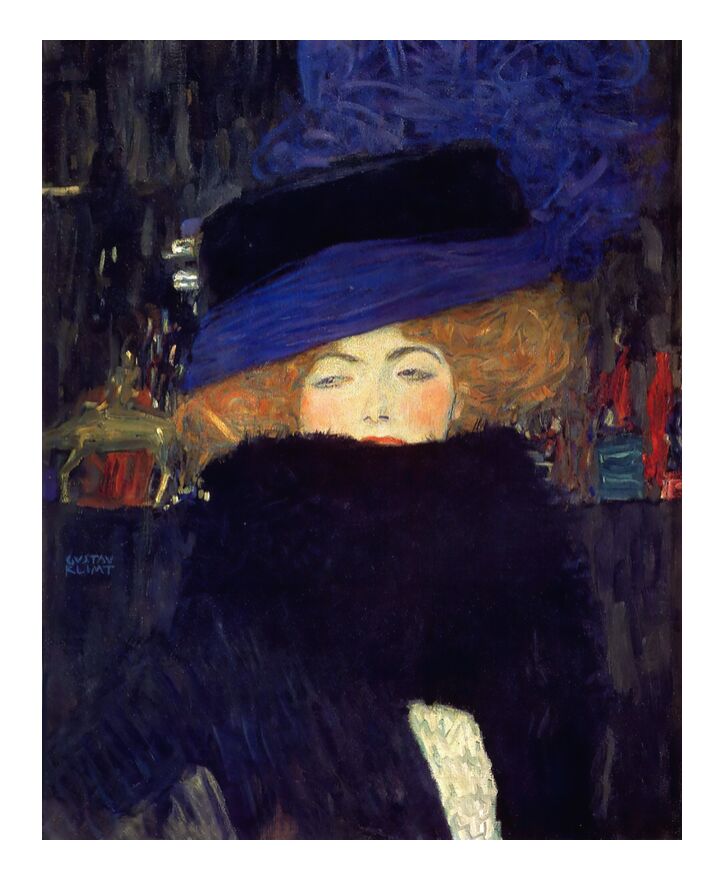 Dame au Chapeau et au Boa à Plumes - Gustav Klimt de AUX BEAUX-ARTS, Prodi Art, nuit, ville, rousse, plumes, manteau, femme, KLIMT