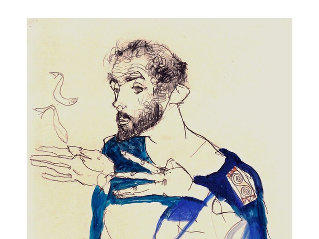 Le peintre Gustav Klimt dans Sa Blouse de Peintre Bleue, 1913 - Gustav Klimt de Beaux-arts, Prodi Art, cigarette, fumée, dessin, autoportrait, peinture, peintre, KLIMT