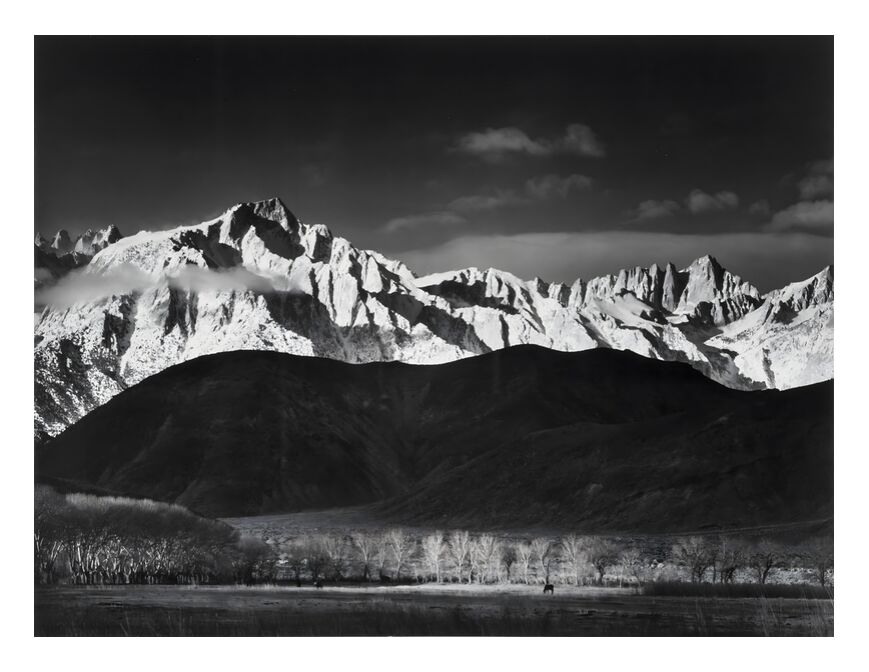 Winter Sunrise from Lone Pine, Sierra Nevada - Ansel Adams 1944 from Fine Art, Prodi Art, adams, Sierra Nevada, USA, lake, forest, landscape, black-and-white, sky, ANSEL ADAMS, mountains