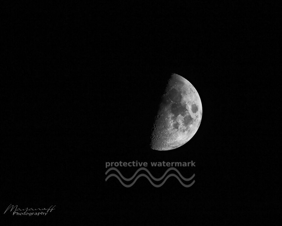 Discreet presence from Mayanoff Photography, Prodi Art, star, sky, beauty, black-and-white, universe, Moon, night, half Moon, smashed, craters, cycle, solar system, satellite, orbit, clarity, half-moon