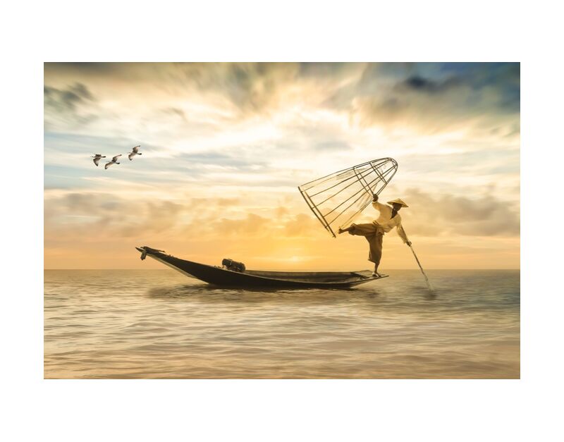 The fisherman from Pierre Gaultier, Prodi Art, fischer, fishing boat, boot, fish, sea, water, lake, fishing net, gulls, sky, sunset, romantic, landscape, clouds, nature, mood, abendstimmung, evening sky, bright, silent, rest, setting sun, romance, atmospheric, photo montage, composing