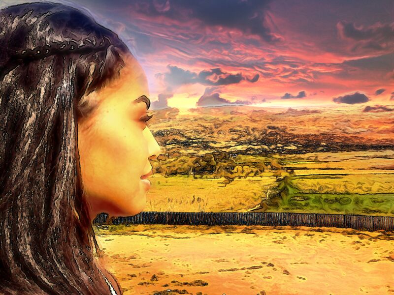 Sun of Africa from Adam da Silva, Prodi Art, braids, desert, vegetation, trees, hairdressing, lands, sunset, woman, africa, Sun, hills, clouds, sky, profile, profile face
