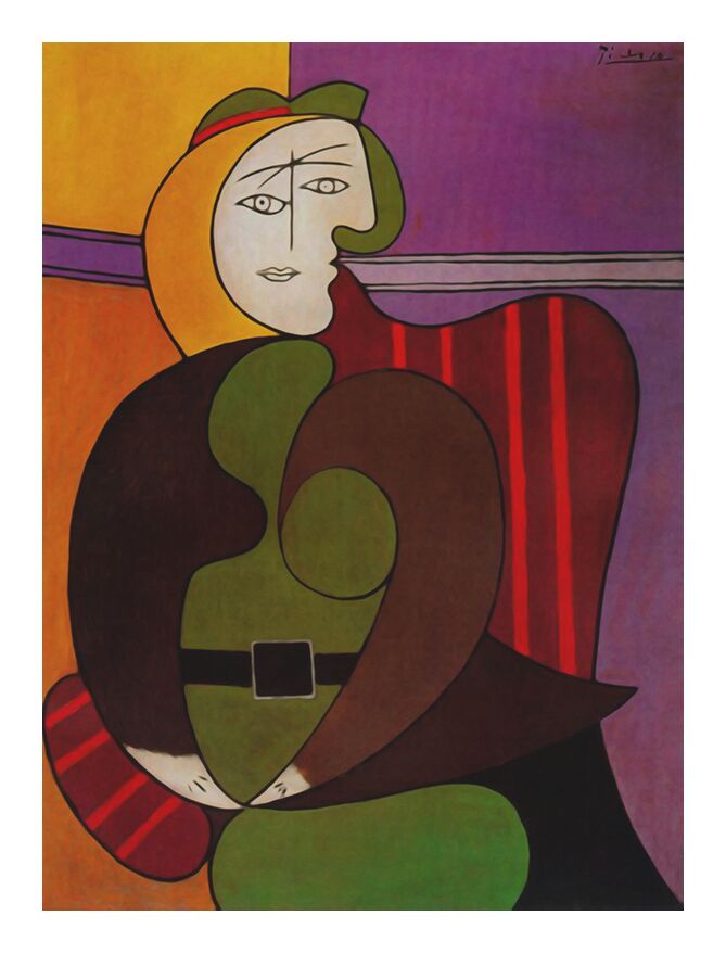 Femme assise dans un fauteuil rouge de AUX BEAUX-ARTS, Prodi Art, portrait, cubisme, abstrait, fauteuil, peinture, picasso