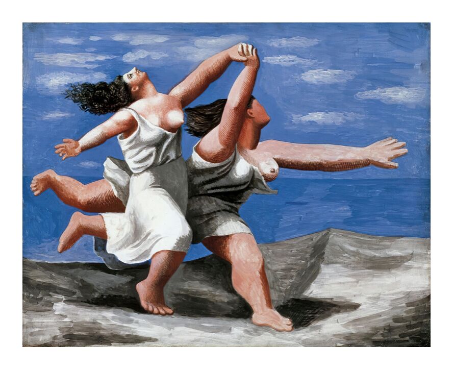 Deux femmes courant sur la plage de AUX BEAUX-ARTS, Prodi Art, course à pied, cours, femmes, picasso, peinture, plage, nuages, ciel