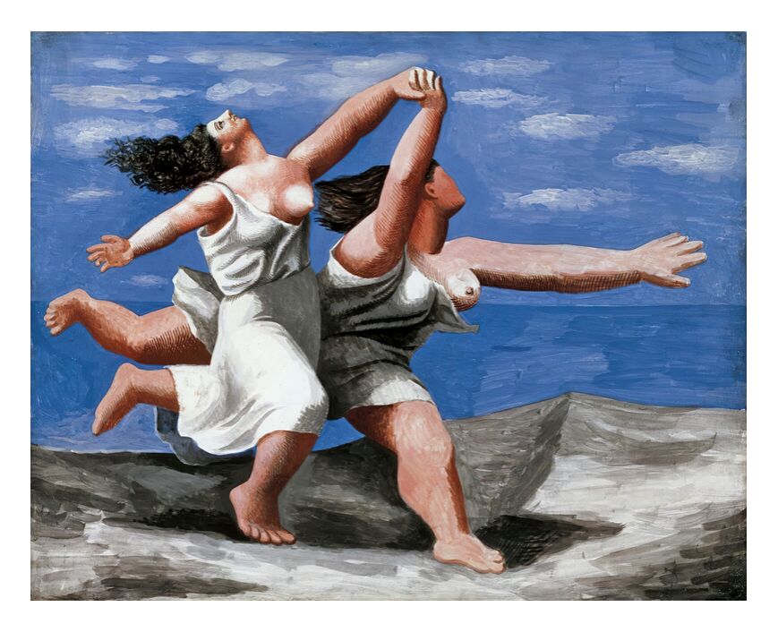 Two women running on the beach from AUX BEAUX-ARTS, Prodi Art, running, course, women, picasso, painting, beach, clouds, sky