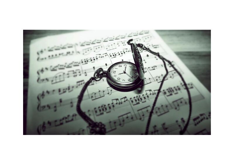 Musical time from Aliss ART, Prodi Art, timer, stainless steel, musical notes, musical composition, music sheet, guidance, royalty free images, raw, time, still life, pocket watch, paper, focus, composing, classic, black-and-white, antique