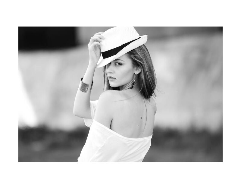 Woman and her hat from Pierre Gaultier, Prodi Art, adult, attractive, beautiful, beauty, black-and-white, bracelet, casual, cute, eyes, face, fashion, fedora, freedom, girl, hand, hat, head, lips, lonely, long hair, makeup, model, outdoors, person, photoshoot, portrait, pretty, sad, sexy, skin, style, wear, white, woman, young, of golden earrings