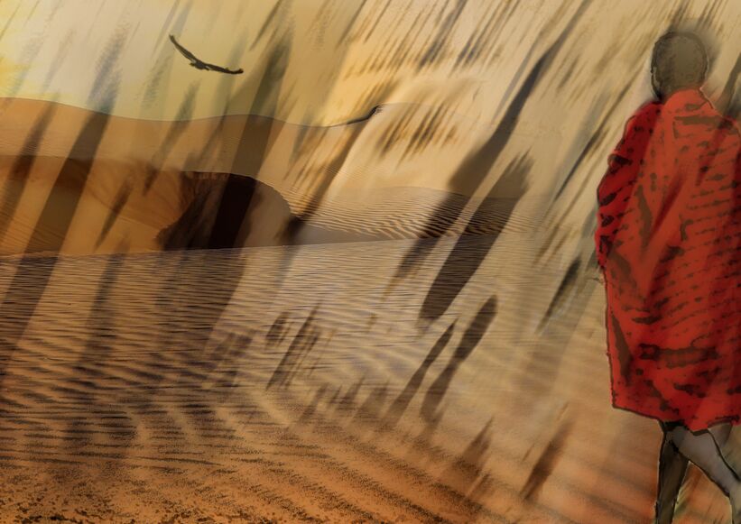 La marche du Maasaï de Adam da Silva, Prodi Art, tempête de sable, vautour, maasaï, massaï, arbre, sable, dune, sécheresse, soleil, marché, désert
