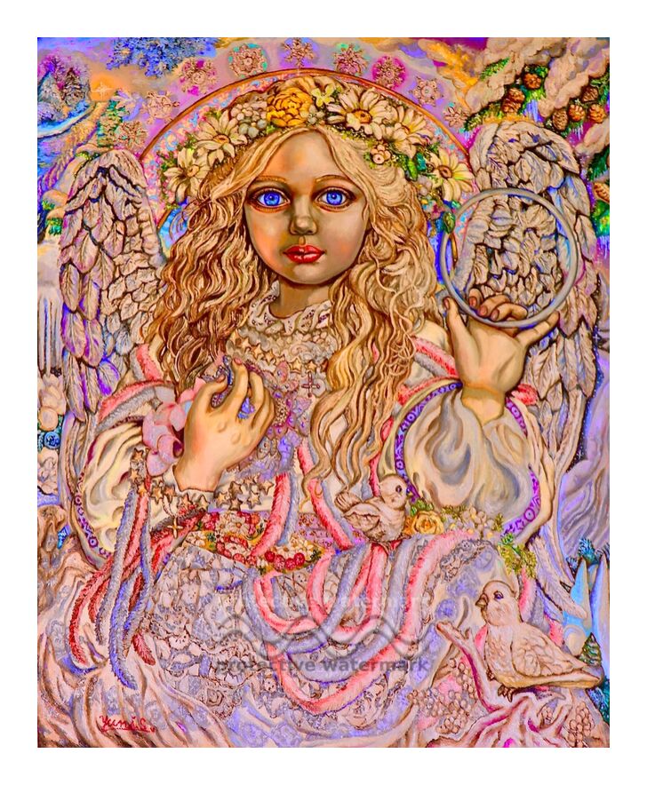Yumi Sugai. Angel of January and February. from Yumi Sugai, Prodi Art, blue, pink, wings, paradise, sky, ange, Yumi Sugai