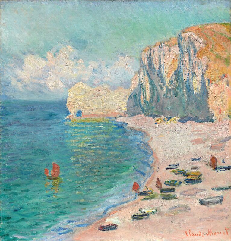Étretat, the Beach and the Falaise of Amont from Fine Art, Prodi Art, summer, beach, Azure, blue, ocean, sea, cliff, CLAUDE MONET, monet, boats, boat, clouds, Sun