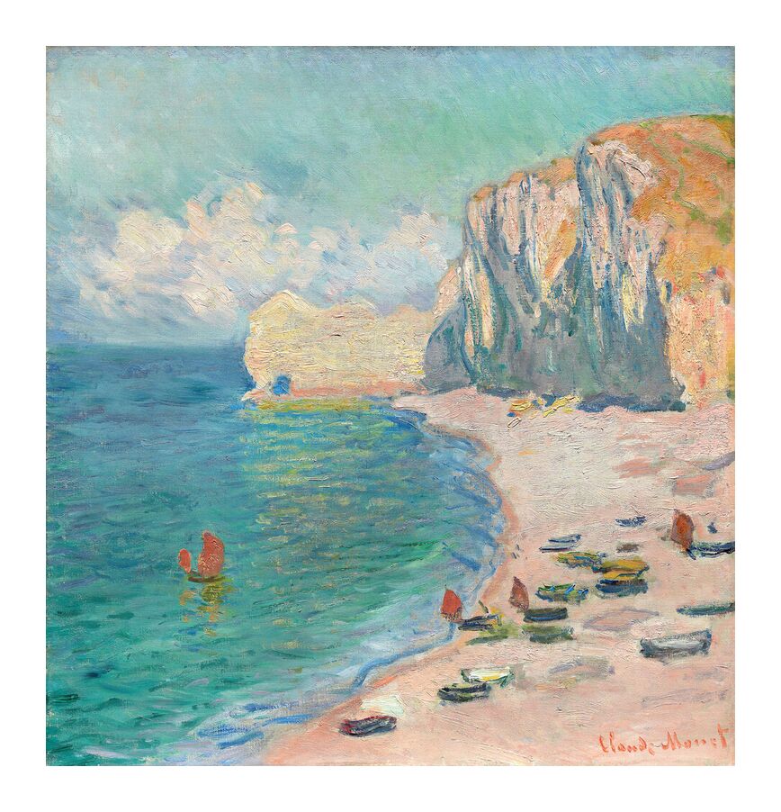 Étretat, la Plage et la Falaise d'Amont - Claude Monet de Beaux-arts, Prodi Art, été, plage, Azur, bleu, océan, mer, falaise, CLAUDE MONET, monet, bateaux, voiliers, nuages, soleil