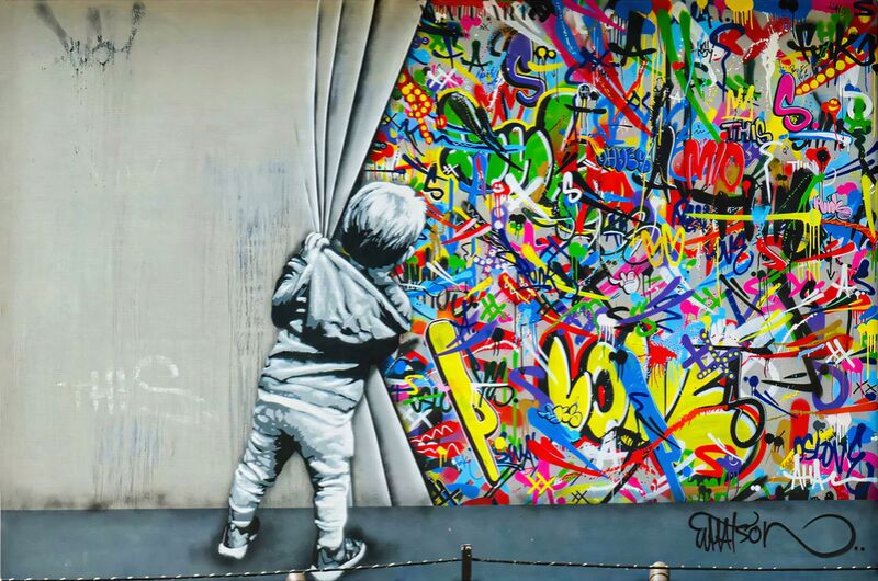 Behind the Curtain, The Wall from Fine Art, Prodi Art, city, child, street, graffiti, banksy