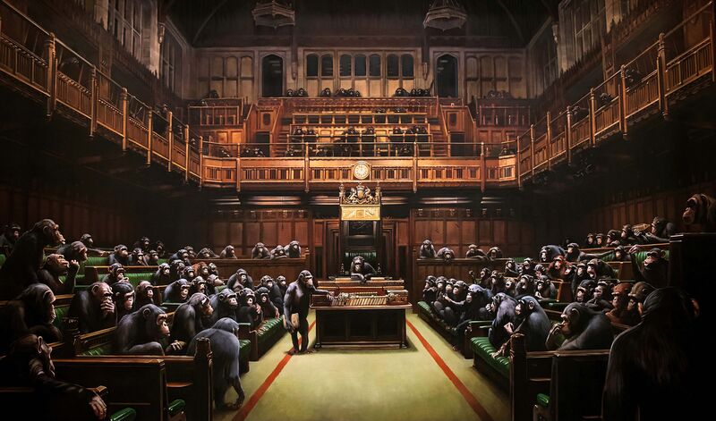 Devolved Parliament - Banksy von Bildende Kunst, Prodi Art, banksy, Politik, Parlament, Affen, England, Stellvertreter