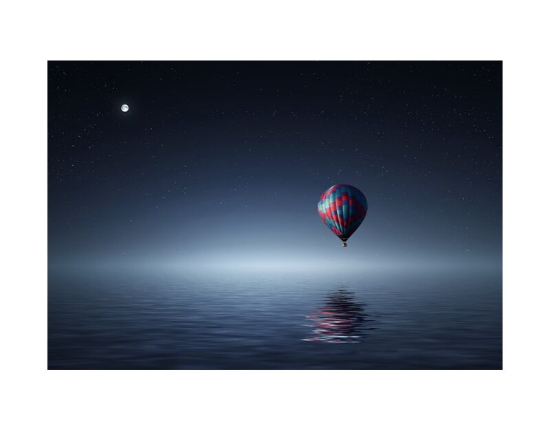 Beyond the adventure from Pierre Gaultier, Prodi Art, adventure, dark, fantasy, flight, float, fly, flying, freedom, illustration, light, lonely, Moon, moonlight, night, ocean, reflection, scenic, sea, sky, stars, travel, water, air, aircraft, airship, balloon, ballooning, harmony, hot-air, hot-air balloon, hotair, loneliness, moving, poetic, seascape water, silence, solitude, starry, transport, transportation, travelling