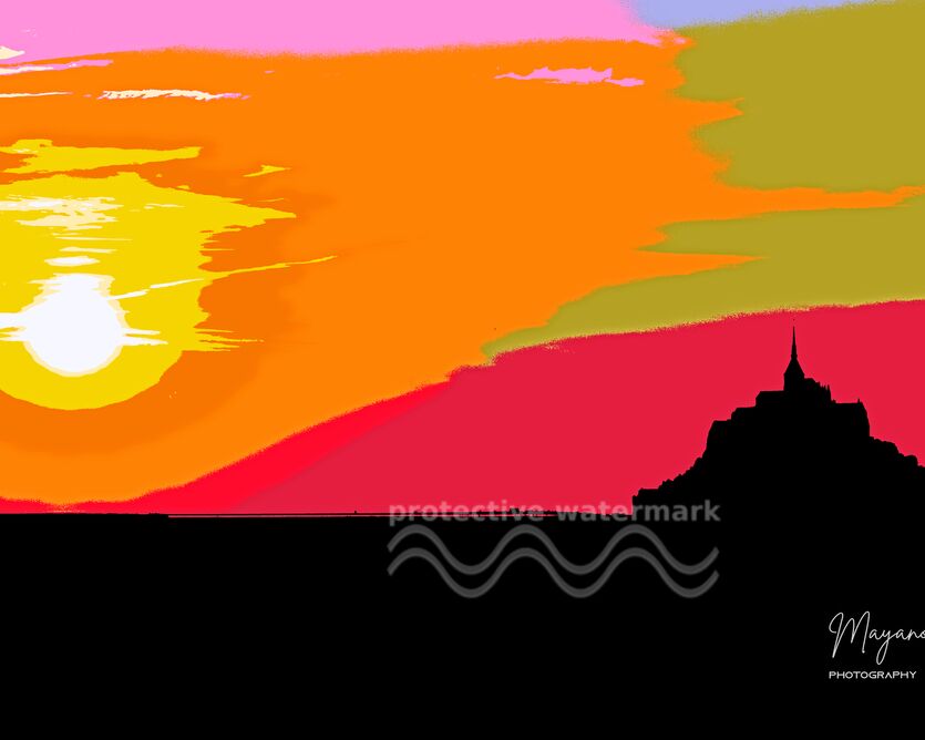 Silhouette of Mont Saint michel - illustration from Mayanoff Photography, Prodi Art, landscapes, sunset, painting, architecture, illustration