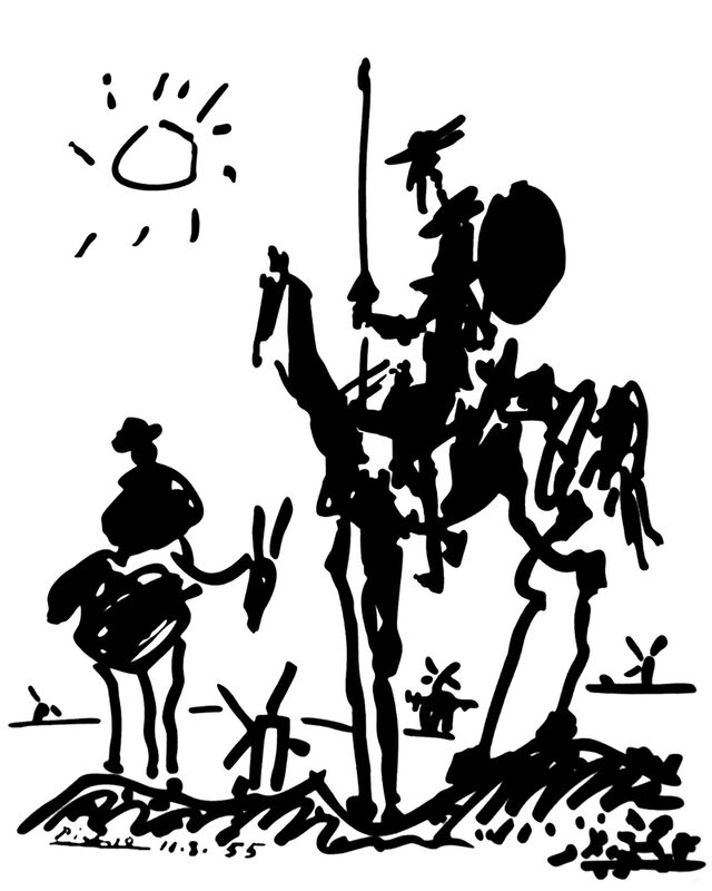 Don Quixote from Fine Art, Prodi Art, PABLO PICASSO, Sun, pencil drawing, drawing, black-and-white, horse, Don Quixote, donkey