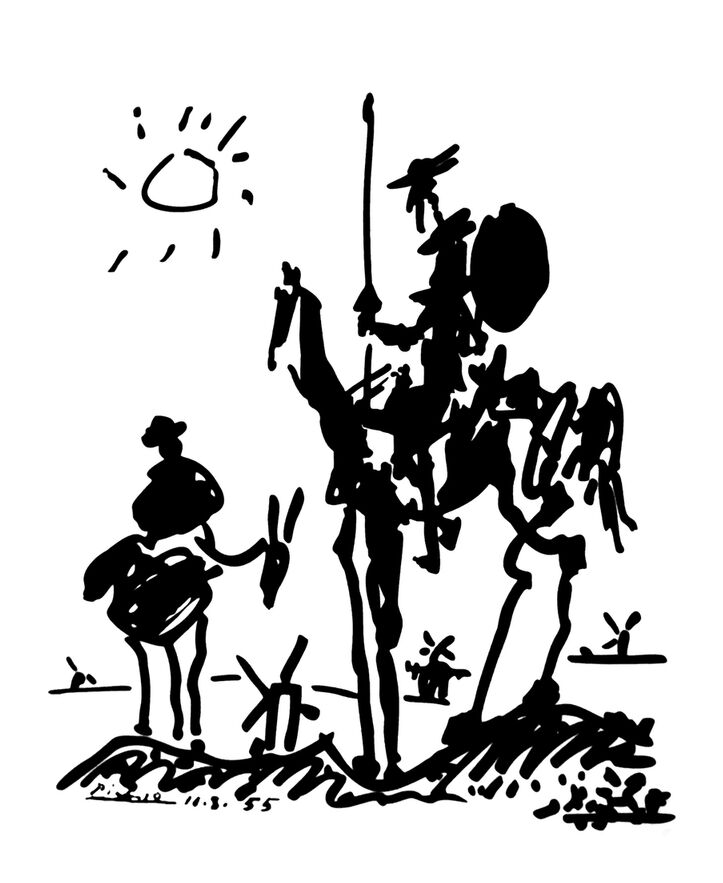 Don Quixote - PABLO PICASSO from Fine Art, Prodi Art, donkey, Don Quixote, horse, black-and-white, drawing, pencil drawing, Sun, PABLO PICASSO