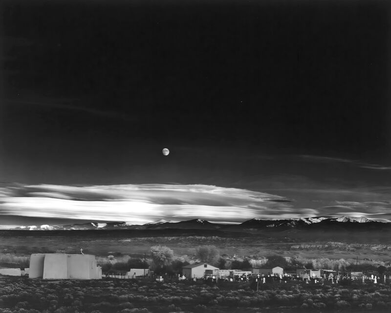 Moonrise over Hernandez New Mexico 1941 from Fine Art, Prodi Art, New Mexico, ANSEL ADAMS, countryside, farm, star, stars, House, USA, Moon, black White, black-and-white, sky
